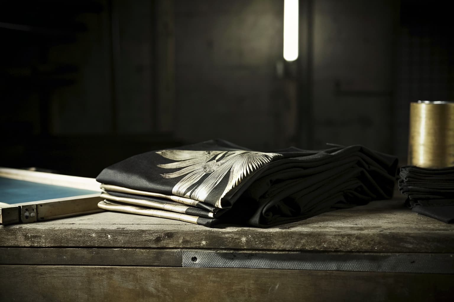 Stack of screen-printed graphic tees on a workshop bench